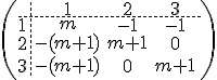 \(\array{3,c.cccBCCC$&1&2&3\\\hdash~1&m&-1&-1\\2&-(m+1)&m+1&0&\\3&-(m+1)&0&m+1}\) 